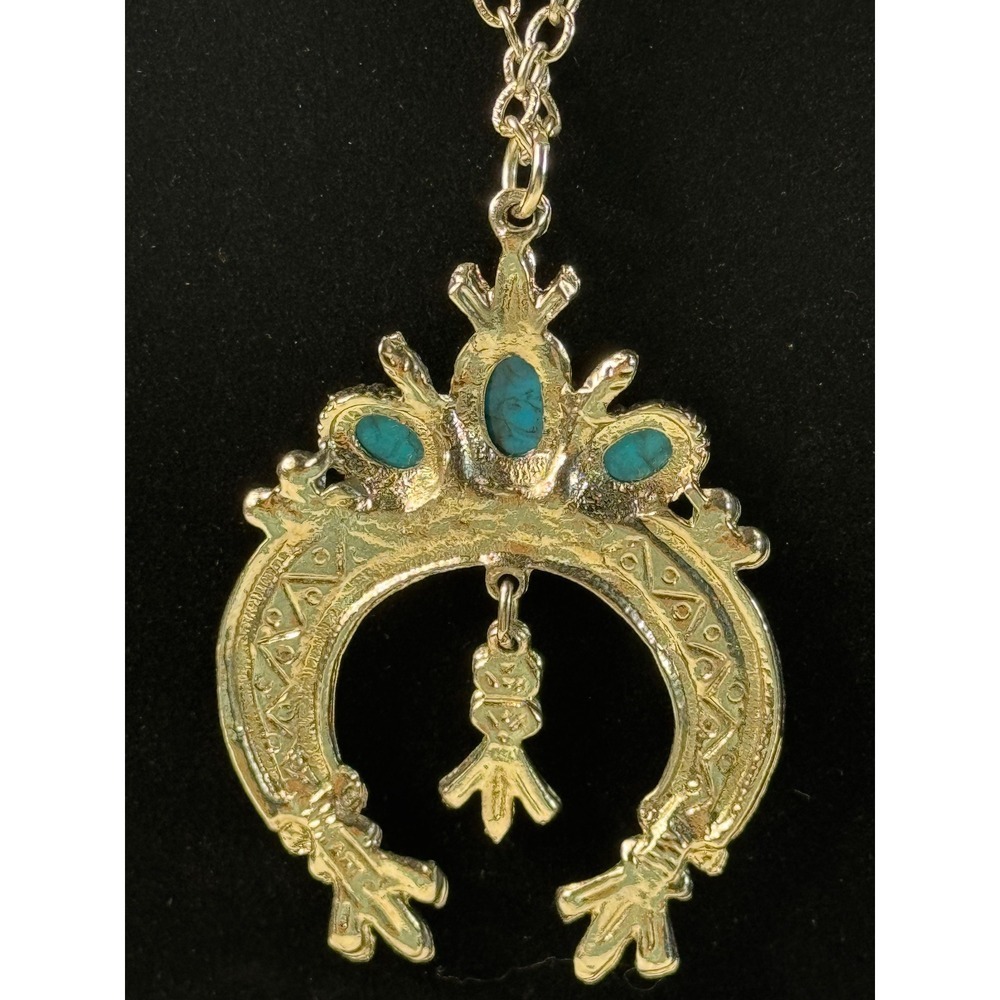 Western Horseshoe Squash Blossom Turquoise Necklace Silver Tone - Picture 4 of 7